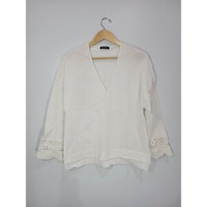 Malabar Womens White Textured V-Neck Blouse Crochet Lace Bell Sleeve Top Large